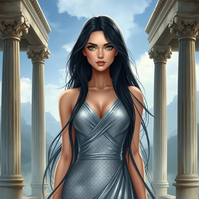 A captivating book cover illustration featuring a woman with long, flowing black hair and striking green eyes