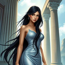 A captivating book cover illustration featuring a woman with long, flowing black hair and striking green eyes