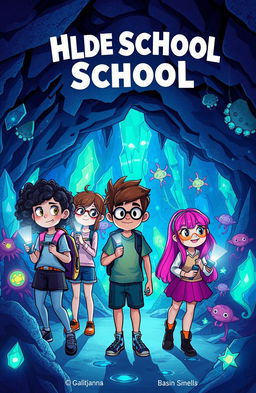 A group of adventurous middle school kids, consisting of diverse characters such as a brave girl with curly hair, a tech-savvy boy wearing glasses, and an imaginative girl with bright pink hair, discover a hidden world beneath their old school