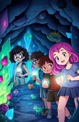 A group of adventurous middle school kids, consisting of diverse characters such as a brave girl with curly hair, a tech-savvy boy wearing glasses, and an imaginative girl with bright pink hair, discover a hidden world beneath their old school