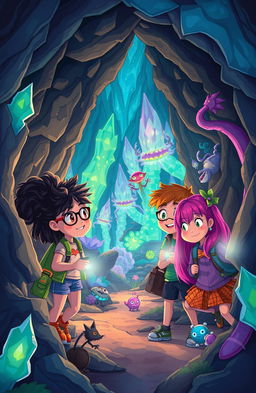 A group of adventurous middle school kids, consisting of diverse characters such as a brave girl with curly hair, a tech-savvy boy wearing glasses, and an imaginative girl with bright pink hair, discover a hidden world beneath their old school