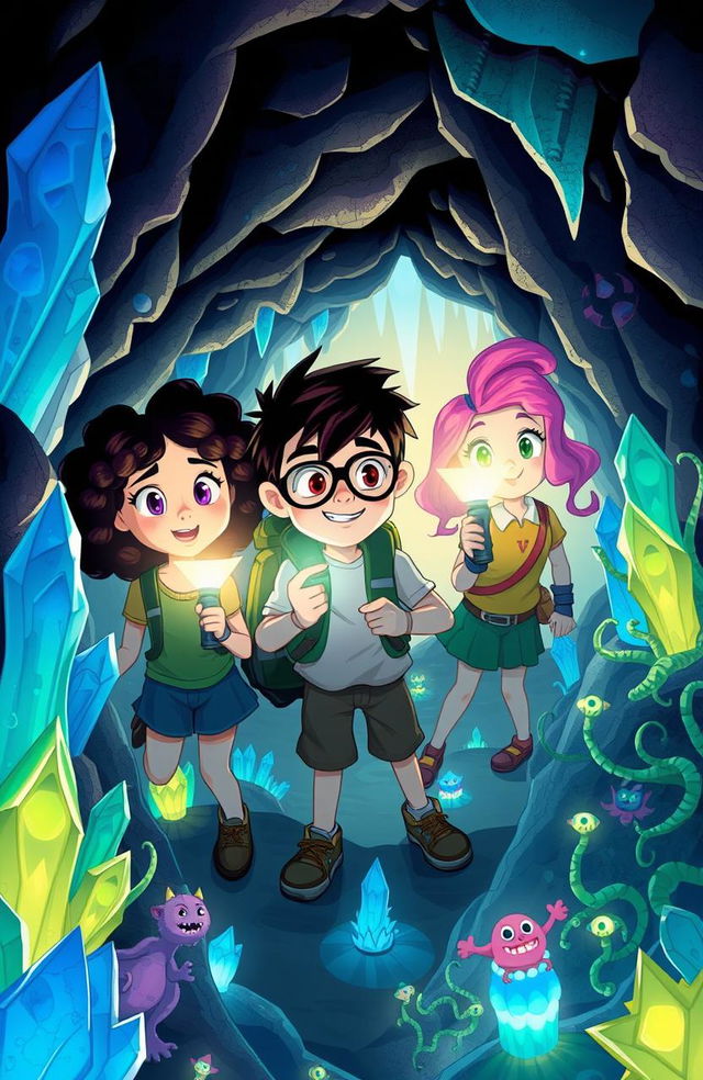 A group of adventurous middle school kids, consisting of diverse characters such as a brave girl with curly hair, a tech-savvy boy wearing glasses, and an imaginative girl with bright pink hair, discover a hidden world beneath their old school