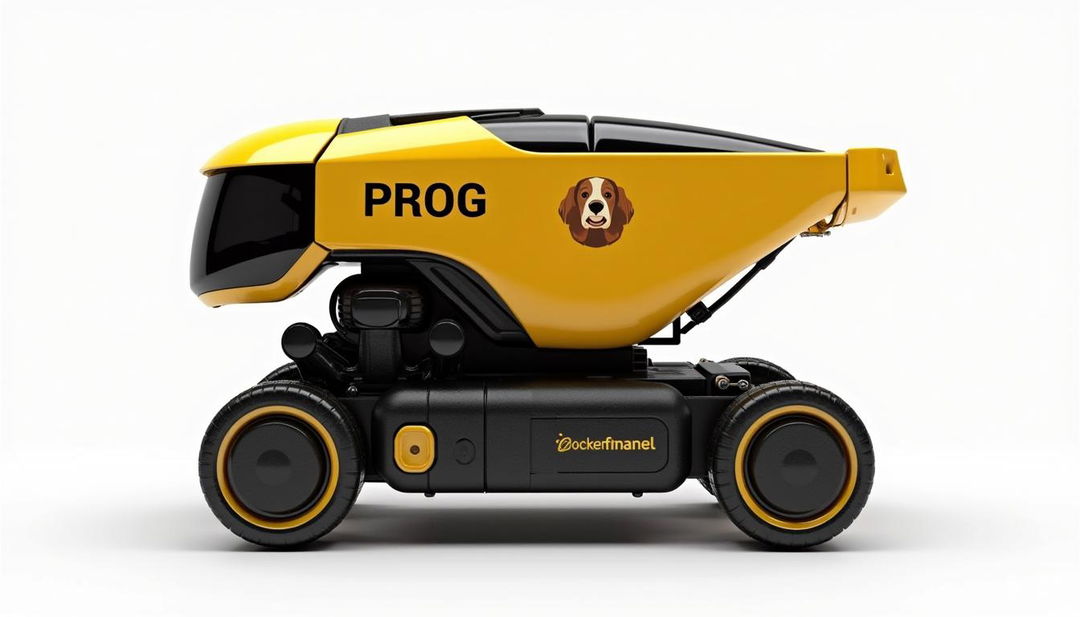 A golden and black automatic dump truck robot designed for carrying debris, prominently featuring the word 'PROG' and a logo of a cocker spaniel on its side