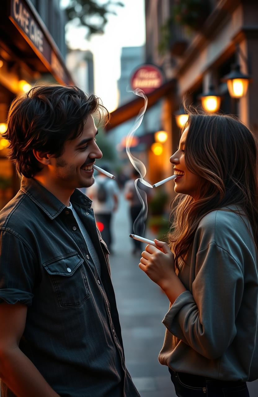 A romantic scene depicting a man and a young woman meeting in a quaint urban environment, surrounded by soft evening light