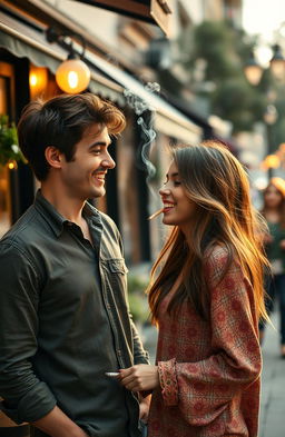 A romantic scene depicting a man and a young woman meeting in a quaint urban environment, surrounded by soft evening light