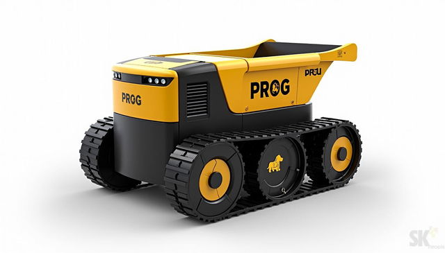 An automatic crawler dump robot designed for loading debris, featuring a striking gold and black color scheme, with 'PROG' clearly visible on its body along with a logo of a cocker spaniel