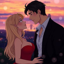 A romantic scene featuring two characters, a man and a woman, deeply in love