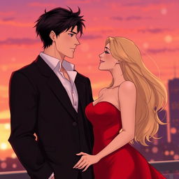 A romantic scene featuring two characters, a man and a woman, deeply in love