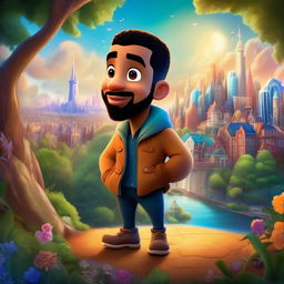 Disney-style animated portrait of Drake in a fantastical landscape combining Toronto's cityscape with an enchanted forest.