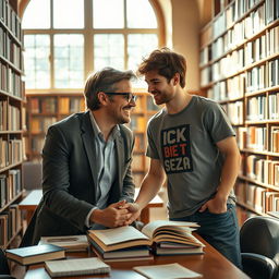 A romantic scene set in a cozy university library, featuring a handsome male professor and a charming male student