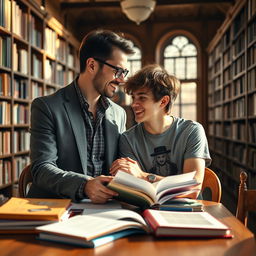 A romantic scene set in a cozy university library, featuring a handsome male professor and a charming male student