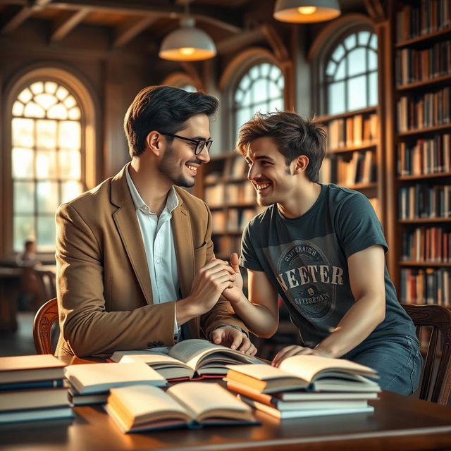 A romantic scene set in a cozy university library, featuring a handsome male professor and a charming male student