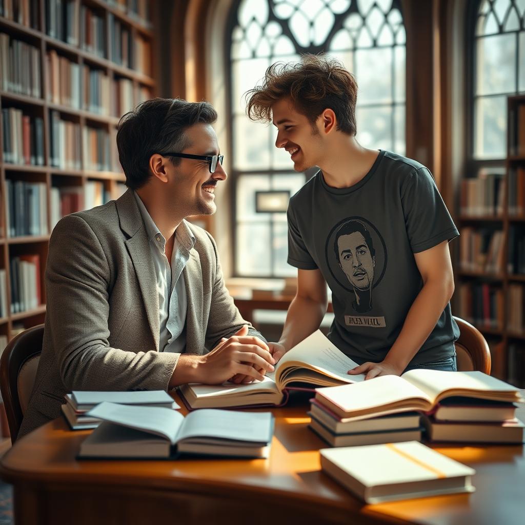 A romantic scene set in a cozy university library, featuring a handsome male professor and a charming male student