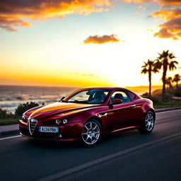 A stunning 2005 Alfa Romeo GT coupe, beautifully parked on a scenic coastal road during sunset