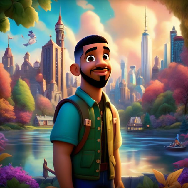 Disney-style animated portrait of Drake in a fantastical landscape combining Toronto's cityscape with an enchanted forest.