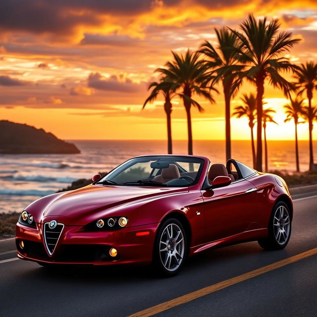 A stunning 2005 Alfa Romeo GT coupe, beautifully parked on a scenic coastal road during sunset