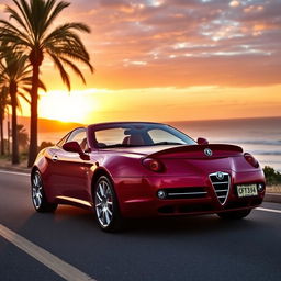 A stunning 2005 Alfa Romeo GT coupe, beautifully parked on a scenic coastal road during sunset