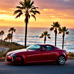 A stunning 2005 Alfa Romeo GT coupe, beautifully parked on a scenic coastal road during sunset
