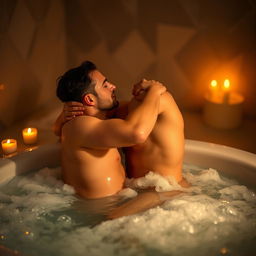 A passionate adult couple, completely naked, embracing in a luxurious jacuzzi, surrounded by bubbles and warm water