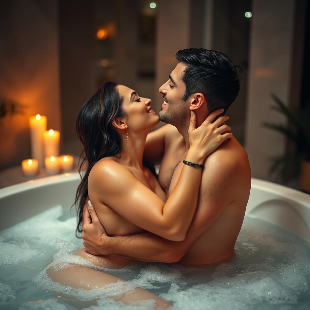 A passionate adult couple, completely naked, embracing in a luxurious jacuzzi, surrounded by bubbles and warm water