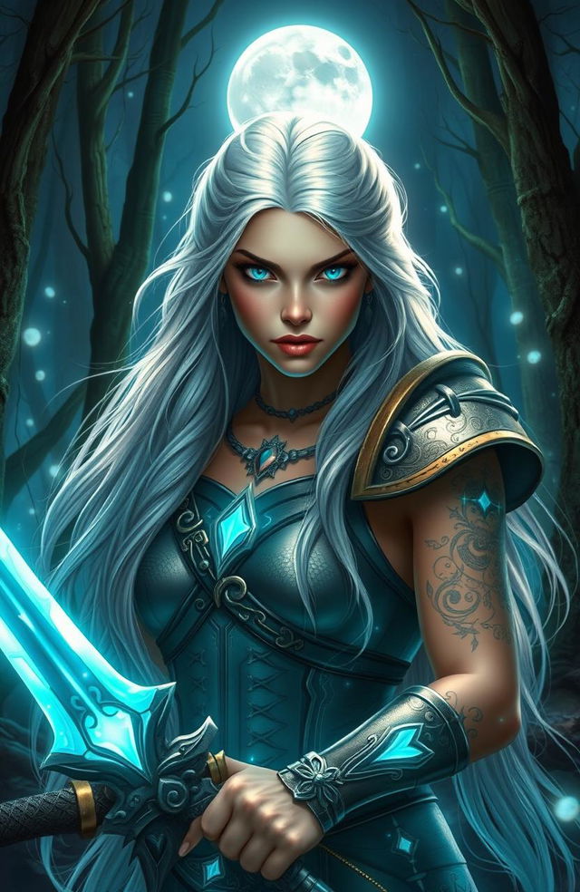 A stunning portrait of a fantasy warrior princess with long flowing silver hair, glowing blue eyes, and intricate tribal tattoos across her arms