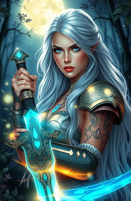 A stunning portrait of a fantasy warrior princess with long flowing silver hair, glowing blue eyes, and intricate tribal tattoos across her arms