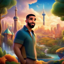 Disney-style animated portrait of Drake in a fantastical landscape combining Toronto's cityscape with an enchanted forest.