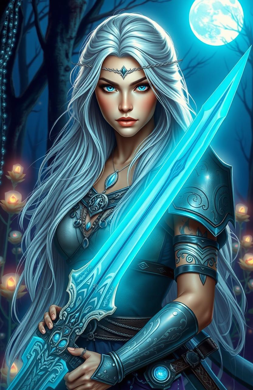 A stunning portrait of a fantasy warrior princess with long flowing silver hair, glowing blue eyes, and intricate tribal tattoos across her arms