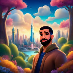 Disney-style animated portrait of Drake in a fantastical landscape combining Toronto's cityscape with an enchanted forest.