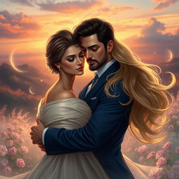 A romantic and dynamic couples' artwork featuring Salustiano and Josefine, capturing the essence of 'Paixão Atemporal' (Timeless Passion)