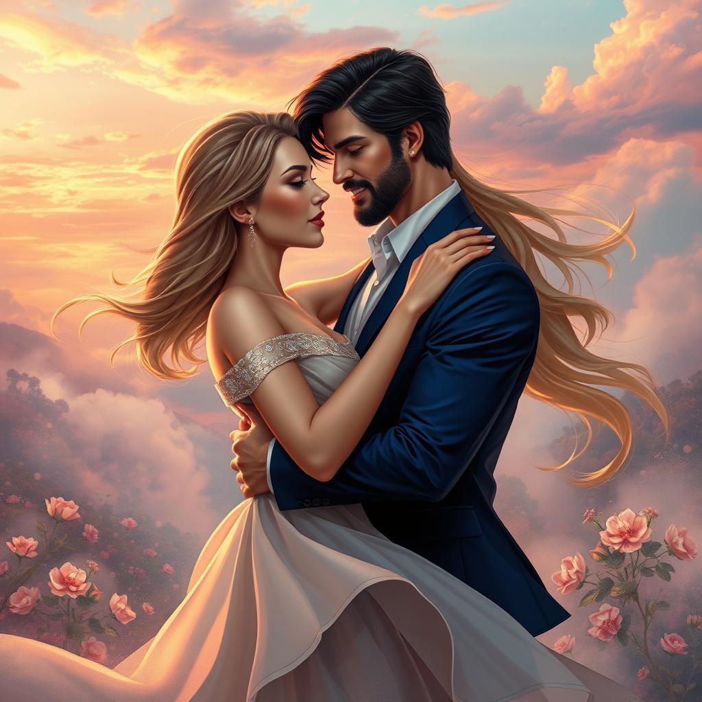 A romantic and dynamic couples' artwork featuring Salustiano and Josefine, capturing the essence of 'Paixão Atemporal' (Timeless Passion)