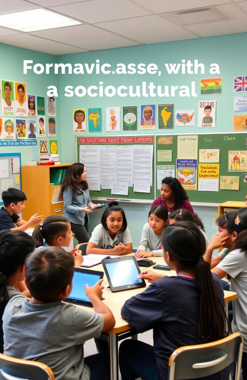 Formative assessment from a sociocultural perspective, showcasing diverse classrooms with students of varying ethnicities engaged in collaborative learning