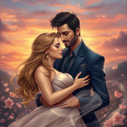 A romantic and dynamic couples' artwork featuring Salustiano and Josefine, capturing the essence of 'Paixão Atemporal' (Timeless Passion)