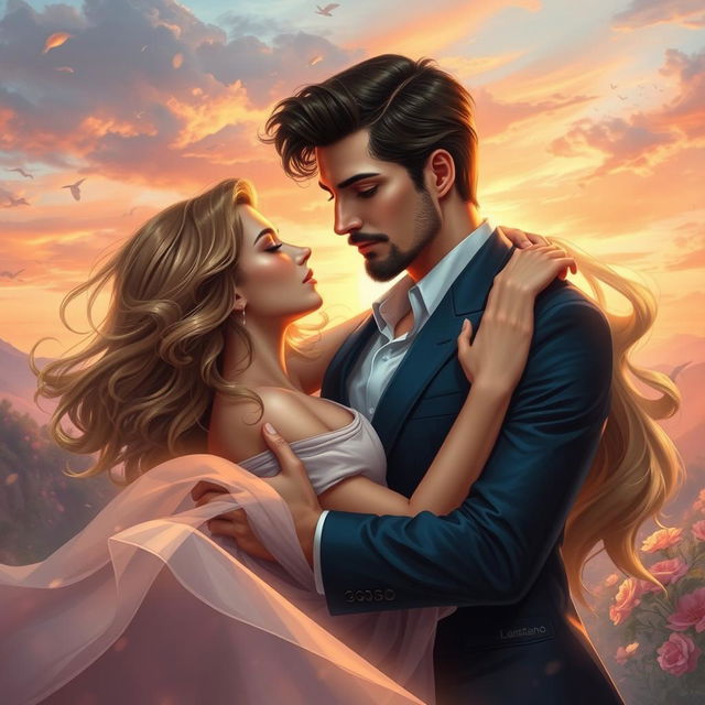 A romantic and dynamic couples' artwork featuring Salustiano and Josefine, capturing the essence of 'Paixão Atemporal' (Timeless Passion)