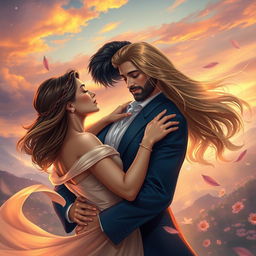 A romantic and dynamic couples' artwork featuring Salustiano and Josefine, capturing the essence of 'Paixão Atemporal' (Timeless Passion)