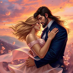 A romantic and dynamic couples' artwork featuring Salustiano and Josefine, capturing the essence of 'Paixão Atemporal' (Timeless Passion)
