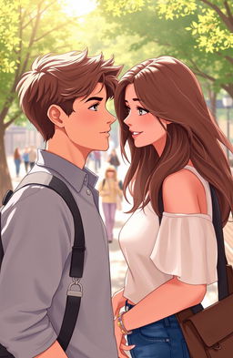 A romantic scene depicting a college environment, featuring a charming young man named Alex, with thoughtful expressions, gazing at his beautiful senior crush, Rose
