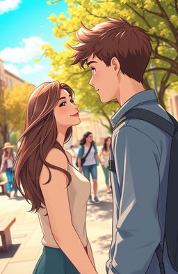 A romantic scene depicting a college environment, featuring a charming young man named Alex, with thoughtful expressions, gazing at his beautiful senior crush, Rose