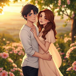 Two romantic characters embracing in a beautiful, intimate setting