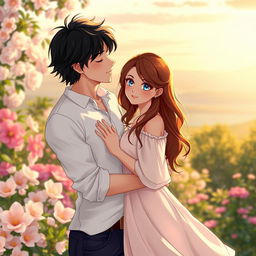Two romantic characters embracing in a beautiful, intimate setting