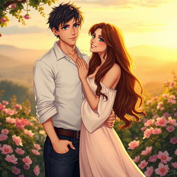 Two romantic characters embracing in a beautiful, intimate setting