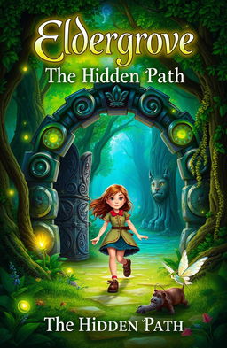 A captivating book cover for 'Eldergrove: The Hidden Path', featuring a magical forest background with rich and vibrant greens, illuminated by a variety of glowing accents