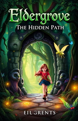 A captivating book cover for 'Eldergrove: The Hidden Path', featuring a magical forest background with rich and vibrant greens, illuminated by a variety of glowing accents