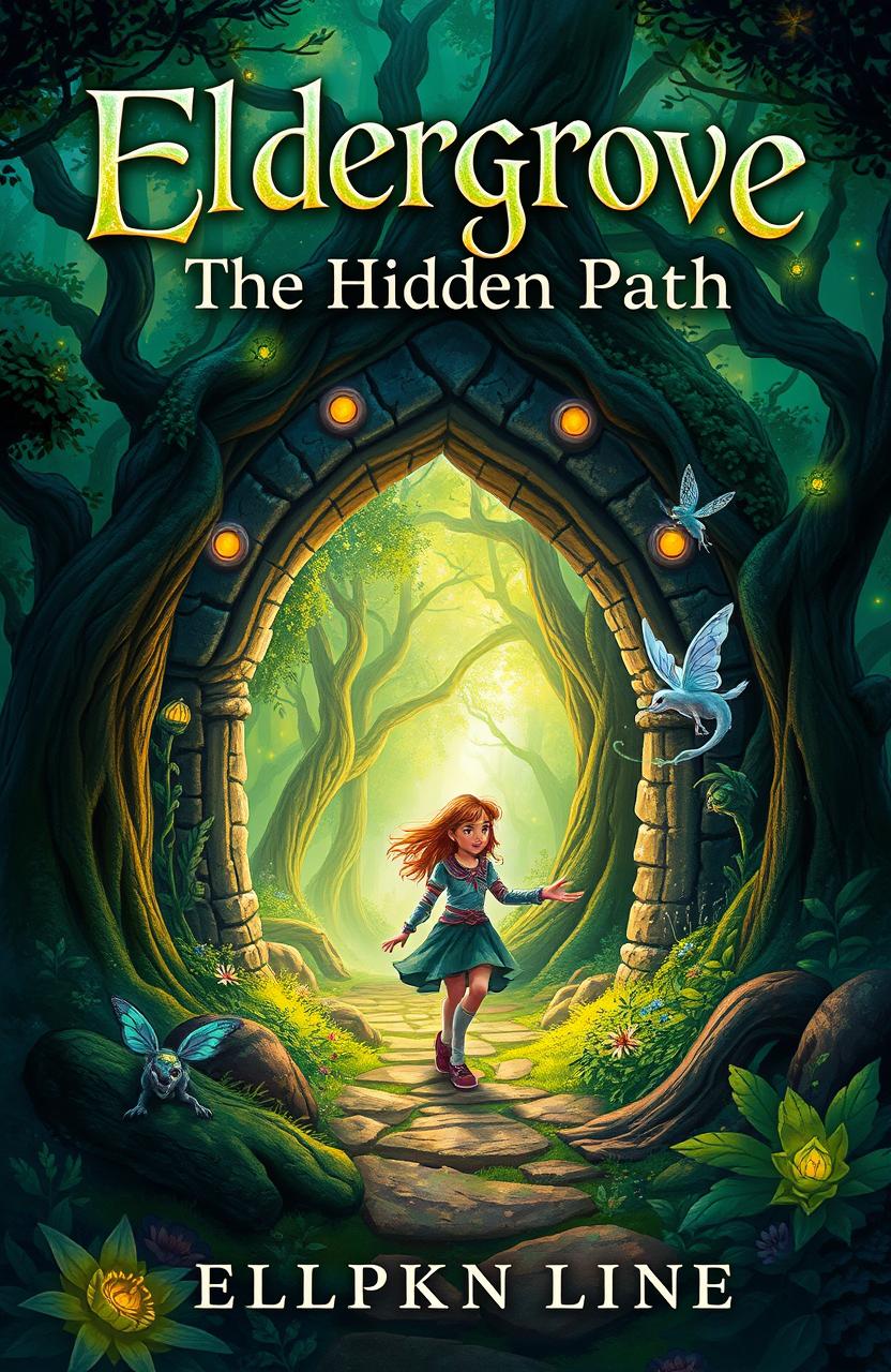 A captivating book cover for 'Eldergrove: The Hidden Path', featuring a magical forest background with rich and vibrant greens, illuminated by a variety of glowing accents