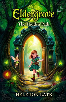 A captivating book cover for 'Eldergrove: The Hidden Path', featuring a magical forest background with rich and vibrant greens, illuminated by a variety of glowing accents