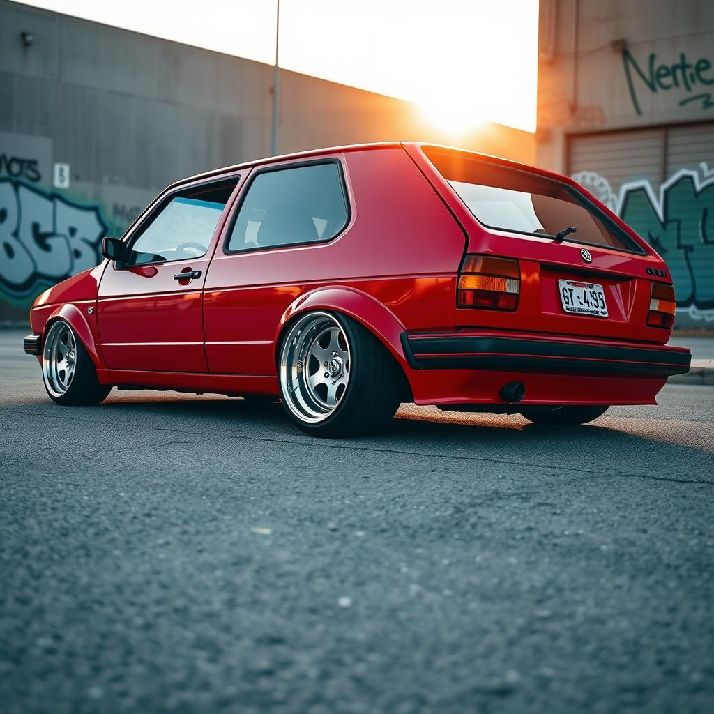 A customized 1990 VW Gol GTI, lowered and fitted with wide, sporty wheels, showcasing an aggressive stance