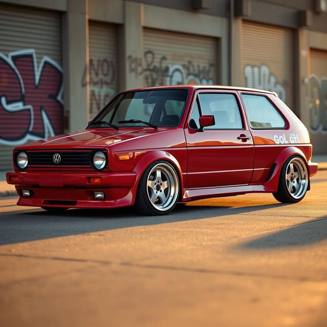 A customized 1990 VW Gol GTI, lowered and fitted with wide, sporty wheels, showcasing an aggressive stance