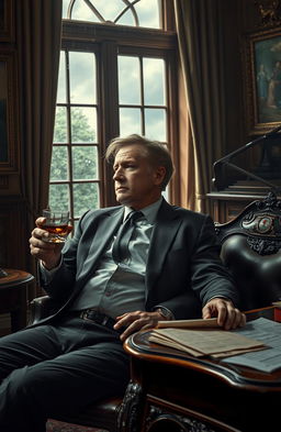 A portrait of a wealthy millionaire sitting alone in a lavish, dimly lit study