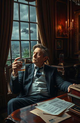 A portrait of a wealthy millionaire sitting alone in a lavish, dimly lit study