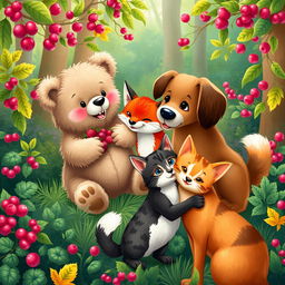 A vibrant and heartwarming scene depicting friendship among animals